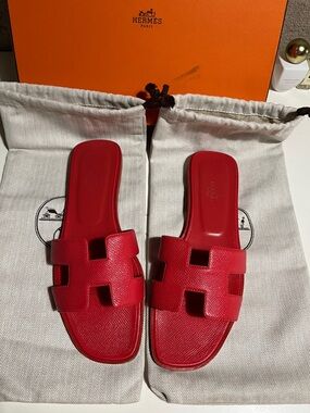 Hermes Red Leather H Oran Slide Sandals - Women's